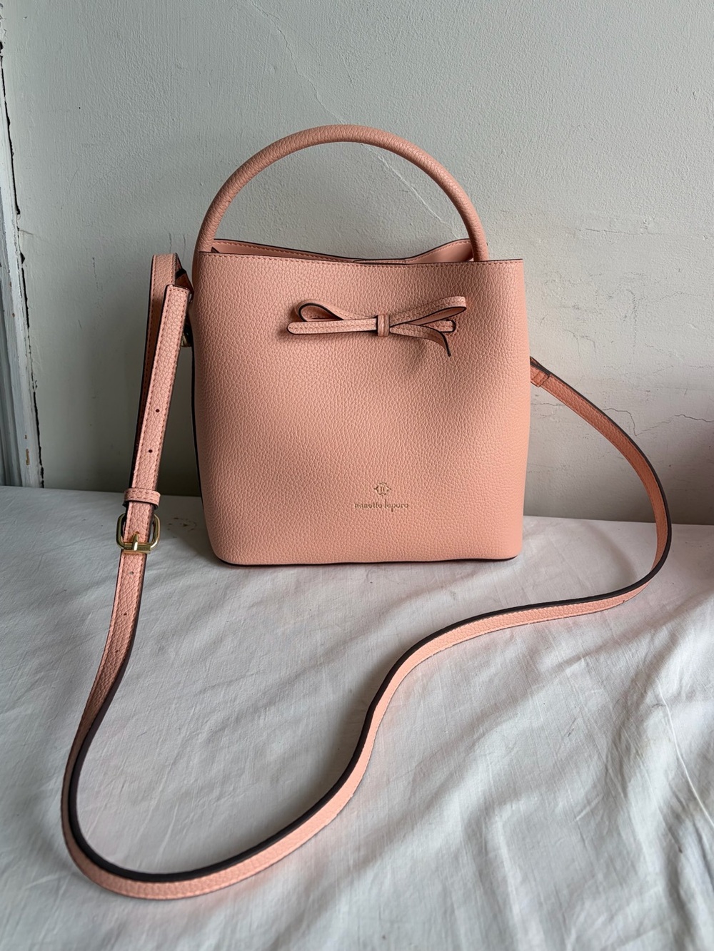 Nanette Lepore Blush Pink Pebbled Faux Leather Bow-Accent Crossbody Handbag Tote